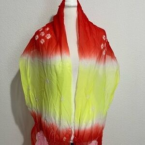 Vintage Rare One of a Kind Sheer Tie Dye Smocked Scarf Wrap Shawl Red Yellow